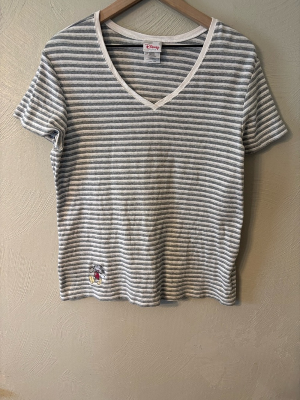 Disney Gray & White Striped V-Neck Tee with Mickey Patch